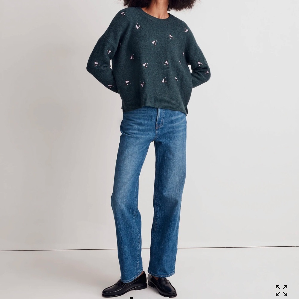 Madewell Embroidered Cross-Stitch Floral Pullover Sweater in HEATHER SPRUCE